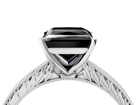White gold Fancy Black Princess Cut Solitaire Milgrain Engraved Band with Four-Prong Setting_4