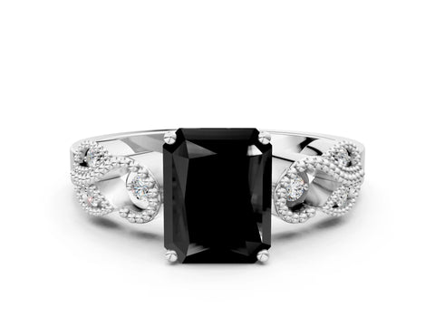 White gold Fancy Black Princess Cut Solitaire Milgrain Leaf Band with Prong Setting_12