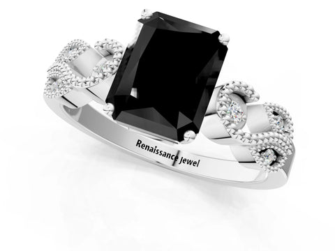 White gold Fancy Black Princess Cut Solitaire Milgrain Leaf Band with Prong Setting_13