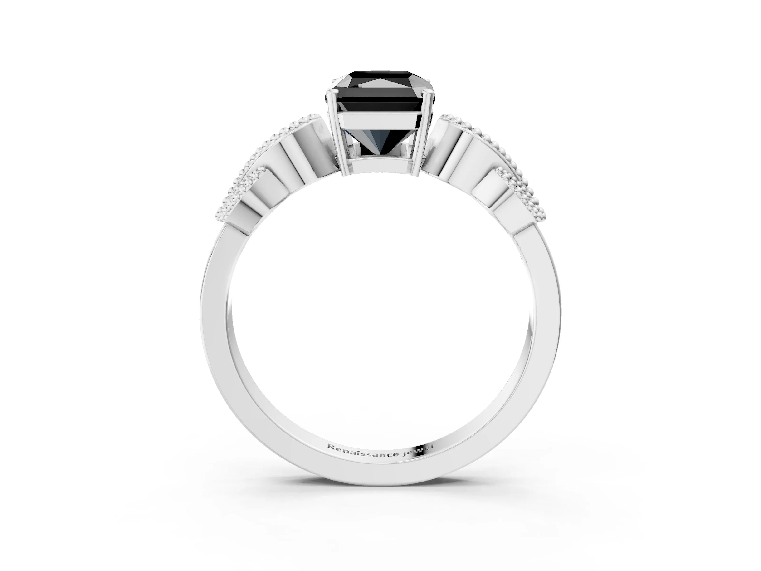 White gold Fancy Black Princess Cut Solitaire Milgrain Leaf Band with Prong Setting_15
