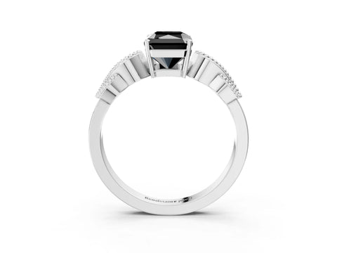White gold Fancy Black Princess Cut Solitaire Milgrain Leaf Band with Prong Setting_15