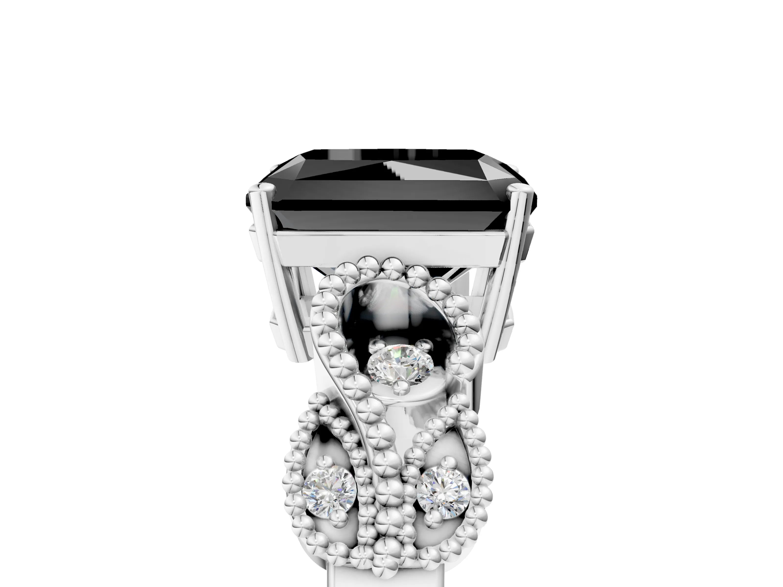 White gold Fancy Black Princess Cut Solitaire Milgrain Leaf Band with Prong Setting_17
