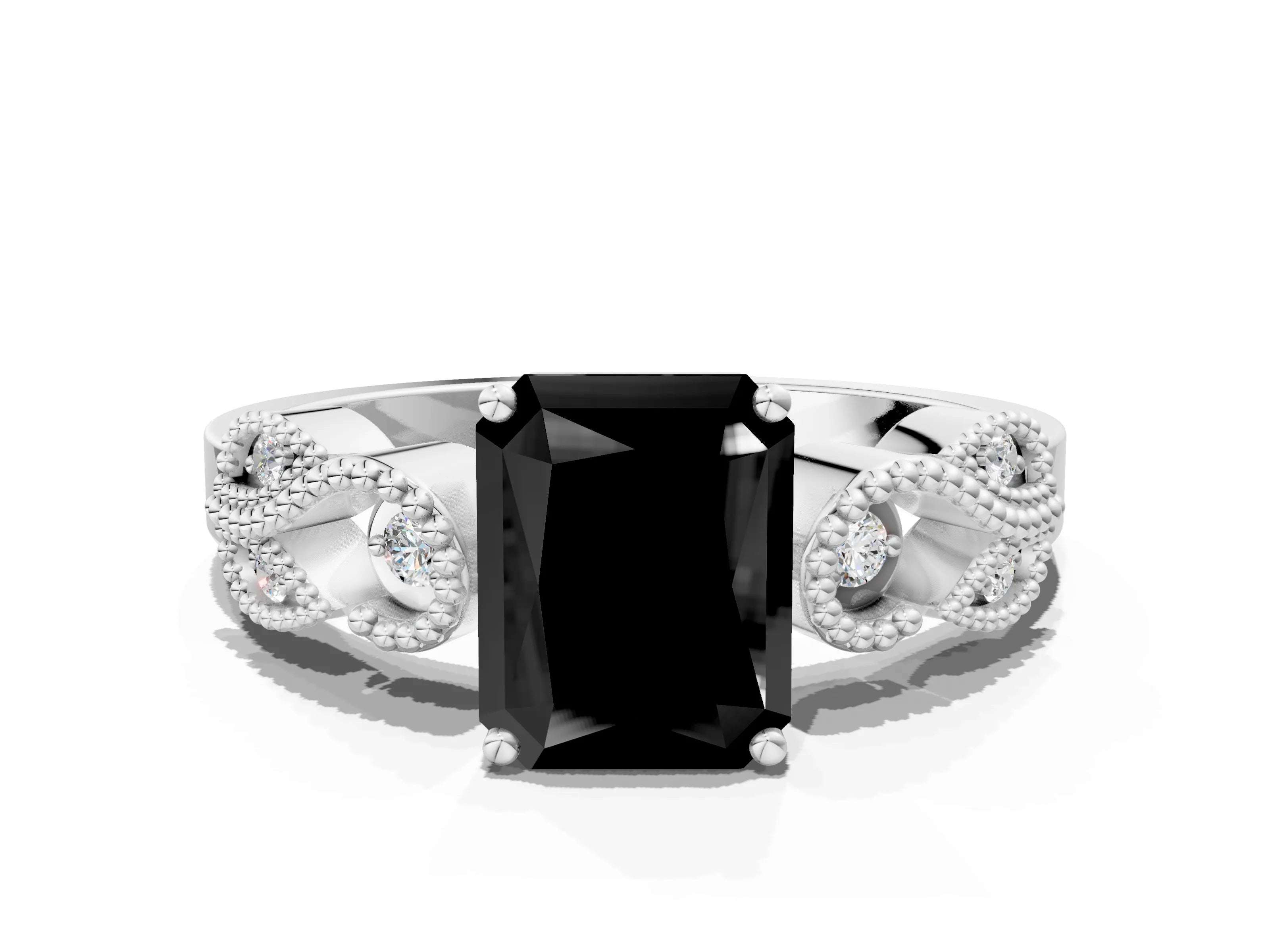 White gold Fancy Black Princess Cut Solitaire Milgrain Leaf Band with Prong Setting
