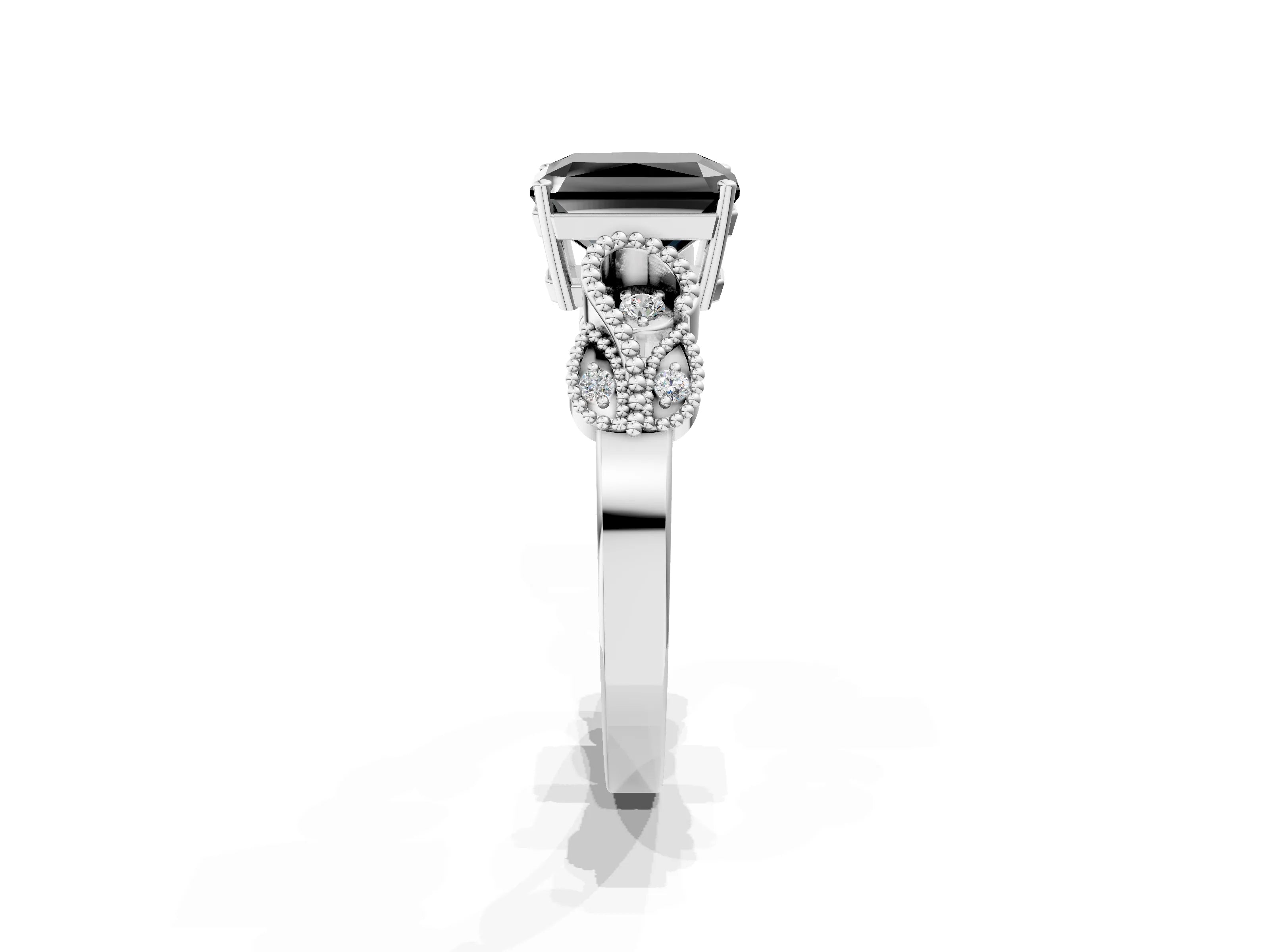 White gold Fancy Black Princess Cut Solitaire Milgrain Leaf Band with Prong Setting_1