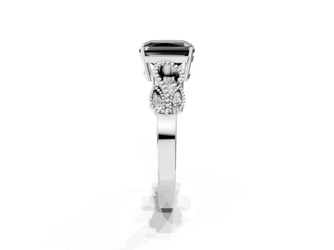 White gold Fancy Black Princess Cut Solitaire Milgrain Leaf Band with Prong Setting_1