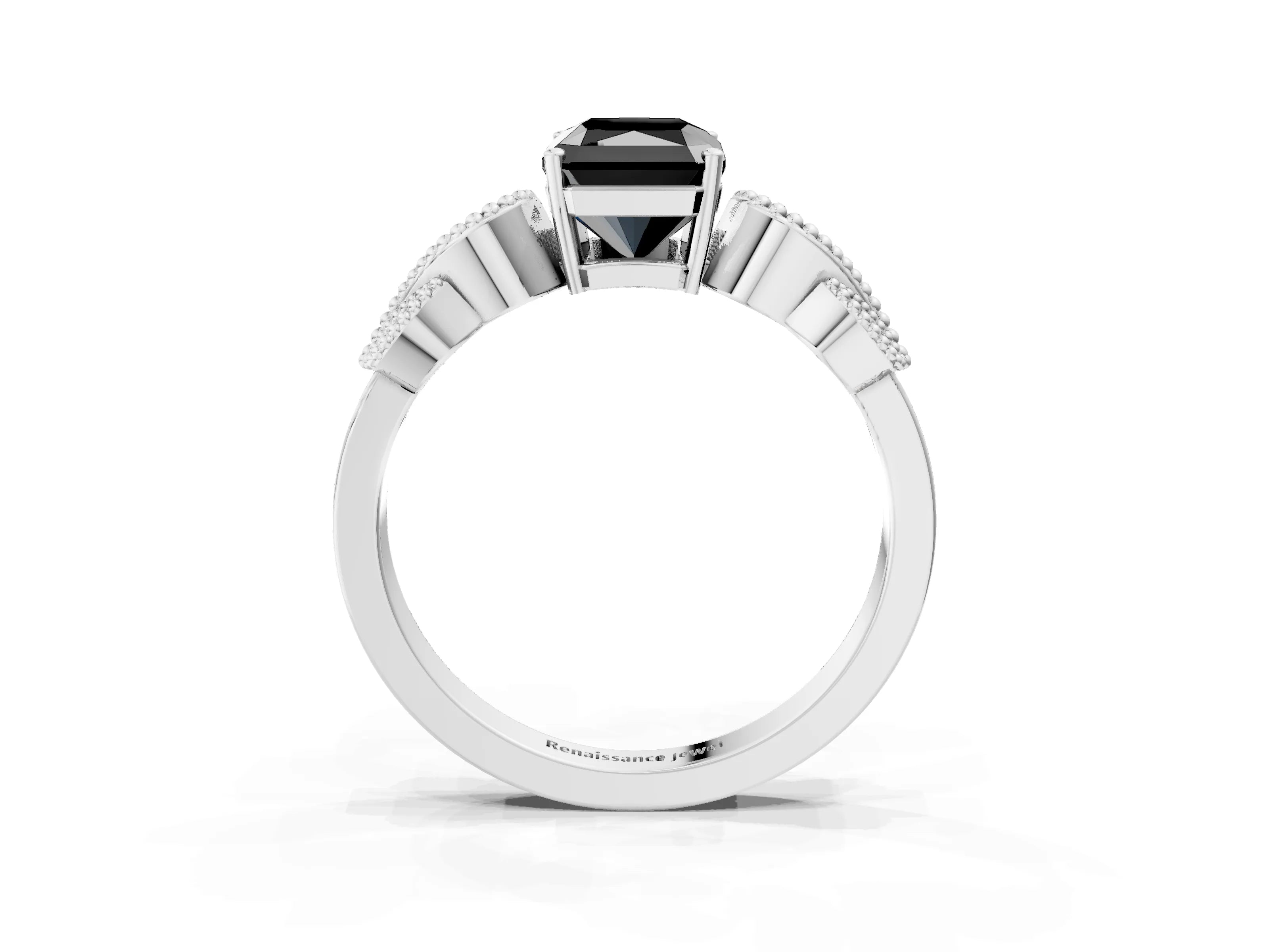White gold Fancy Black Princess Cut Solitaire Milgrain Leaf Band with Prong Setting_3