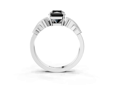 White gold Fancy Black Princess Cut Solitaire Milgrain Leaf Band with Prong Setting_3