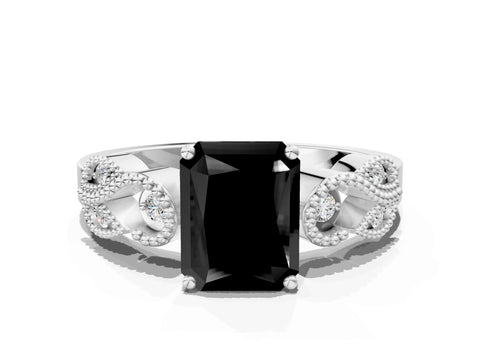 White gold Fancy Black Princess Cut Solitaire Milgrain Leaf Band with Prong Setting