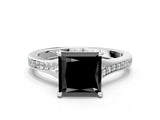 White gold Fancy Black Princess Cut Solitaire Pavé Band with Four-Prong Setting