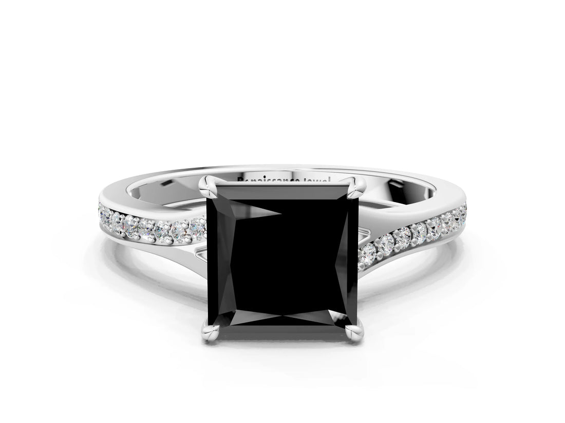 White gold Fancy Black Princess Cut Solitaire Pavé Band with Four-Prong Setting