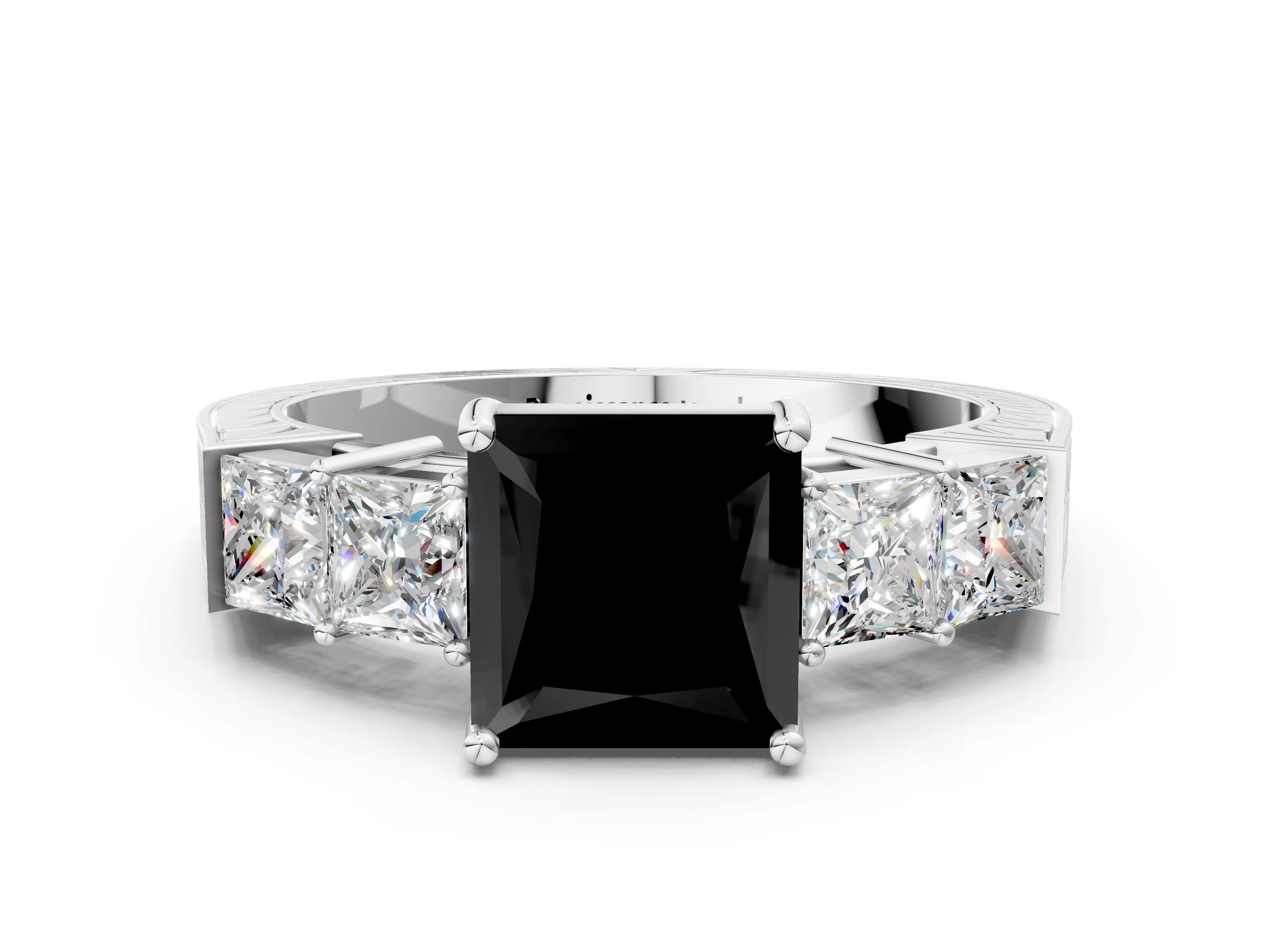 White gold Fancy Black Princess Cut Solitaire Princess Side Stone Engraved Band Prong Setting Ring_12