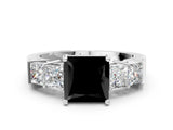 White gold Fancy Black Princess Cut Solitaire Princess Side Stone Engraved Band Prong Setting Ring_12