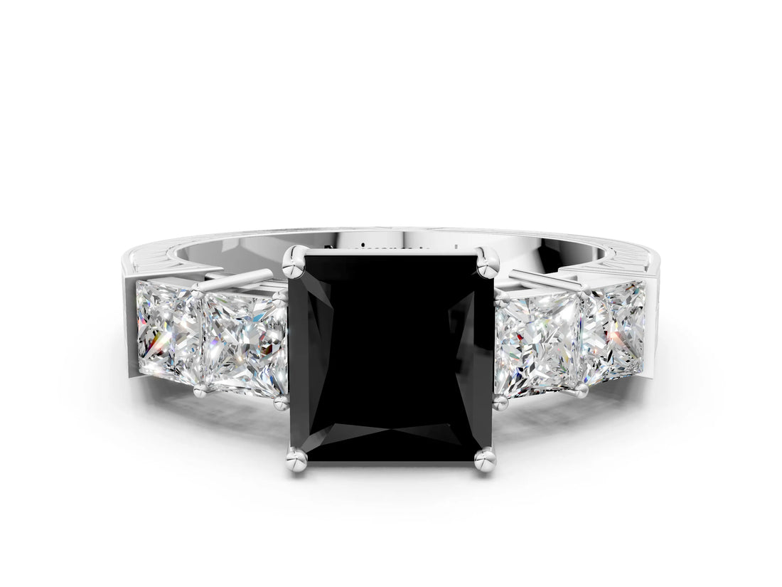White gold Fancy Black Princess Cut Solitaire Princess Side Stone Engraved Band Prong Setting Ring_12