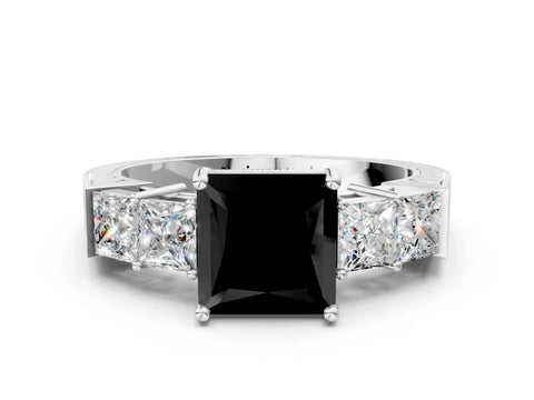 White gold Fancy Black Princess Cut Solitaire Princess Side Stone Engraved Band Prong Setting Ring_12