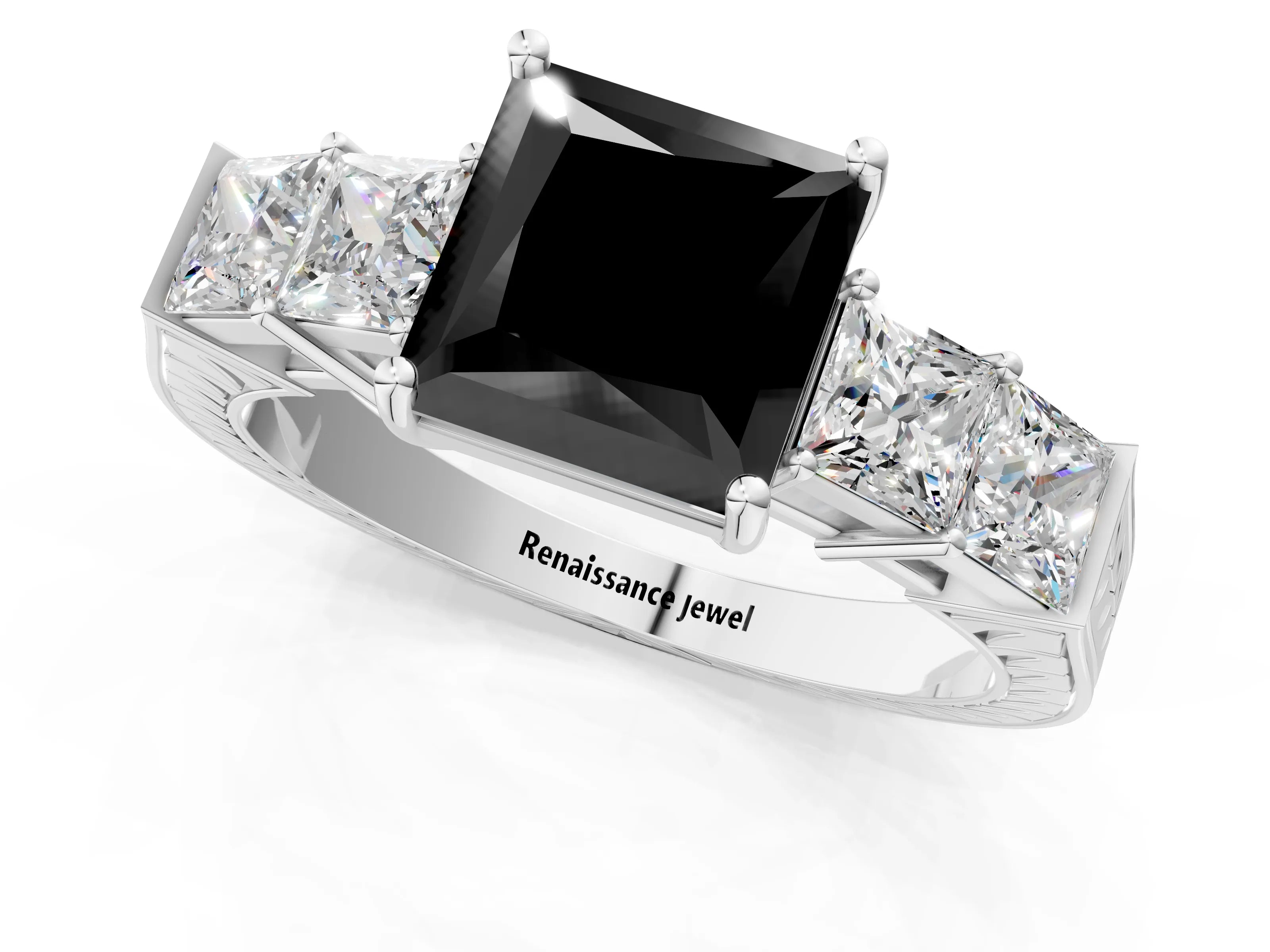 White gold Fancy Black Princess Cut Solitaire Princess Side Stone Engraved Band Prong Setting Ring_13