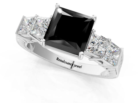 White gold Fancy Black Princess Cut Solitaire Princess Side Stone Engraved Band Prong Setting Ring_13