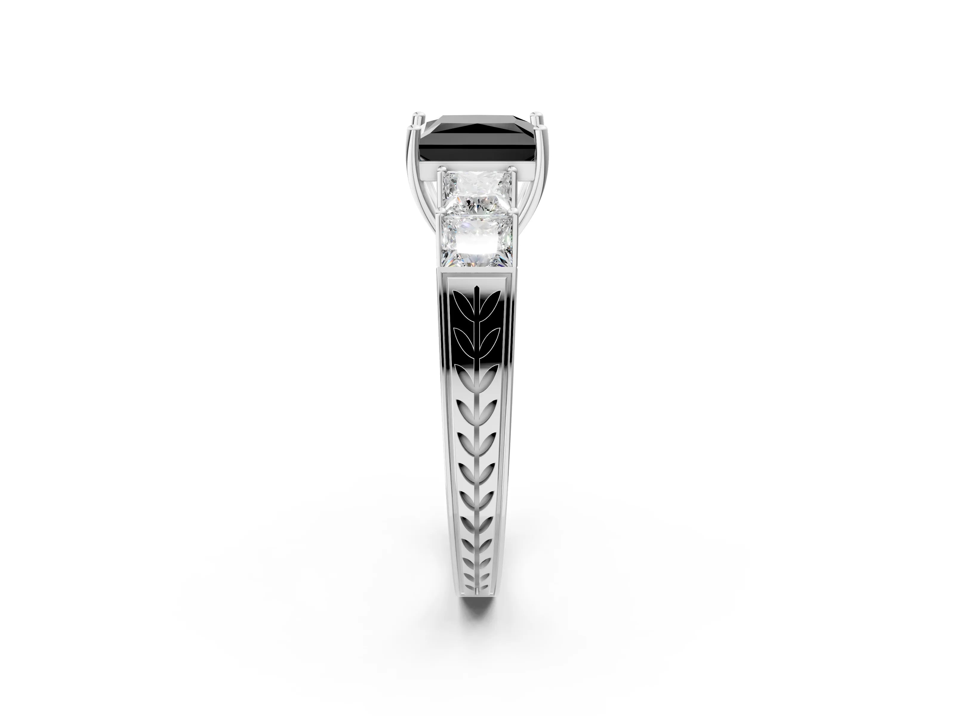 White gold Fancy Black Princess Cut Solitaire Princess Side Stone Engraved Band Prong Setting Ring_14