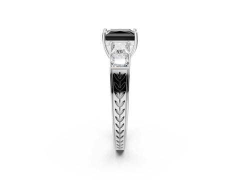 White gold Fancy Black Princess Cut Solitaire Princess Side Stone Engraved Band Prong Setting Ring_14
