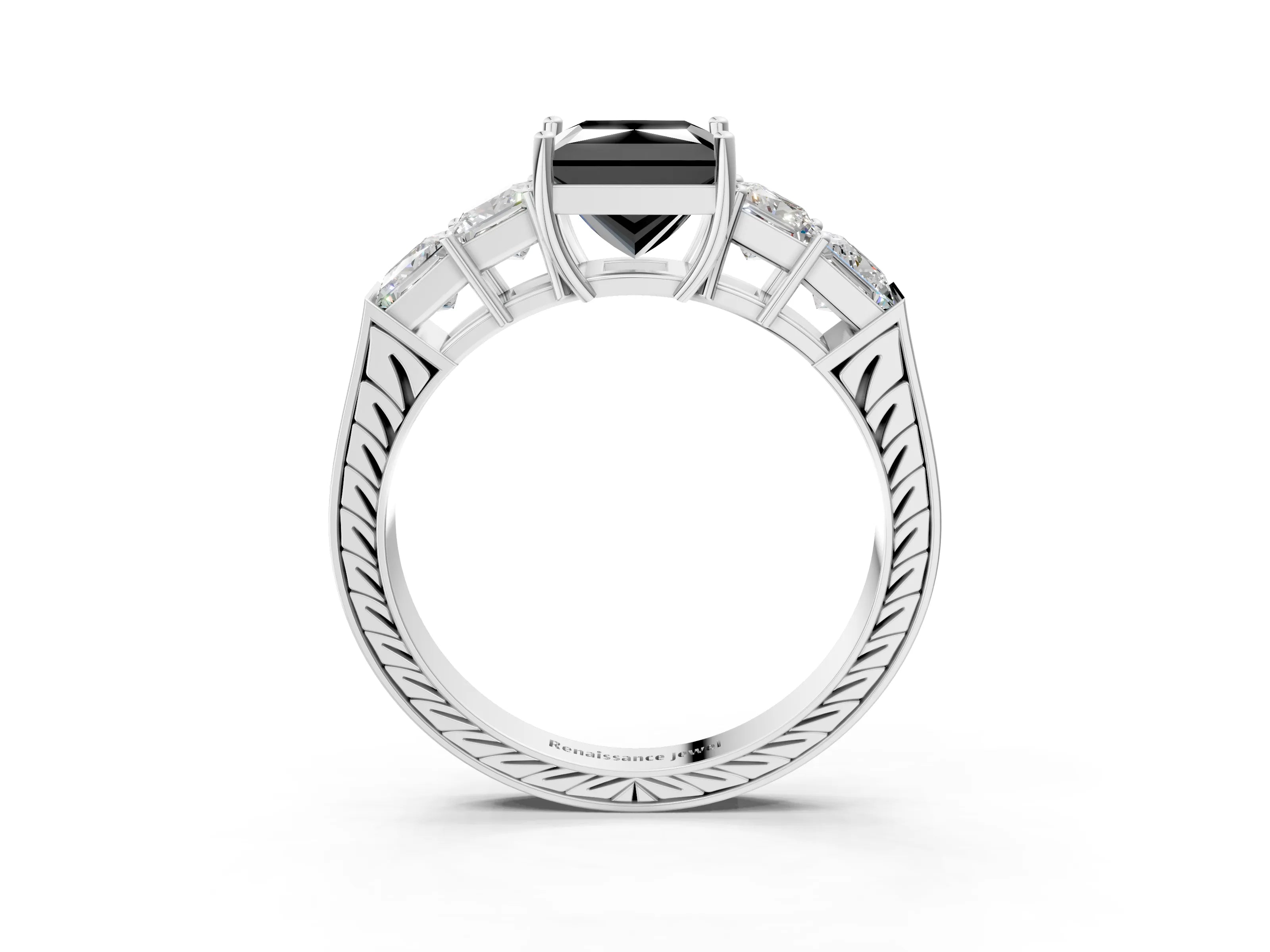 White gold Fancy Black Princess Cut Solitaire Princess Side Stone Engraved Band Prong Setting Ring_15