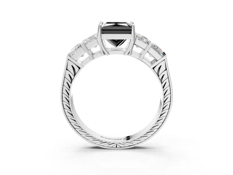 White gold Fancy Black Princess Cut Solitaire Princess Side Stone Engraved Band Prong Setting Ring_15