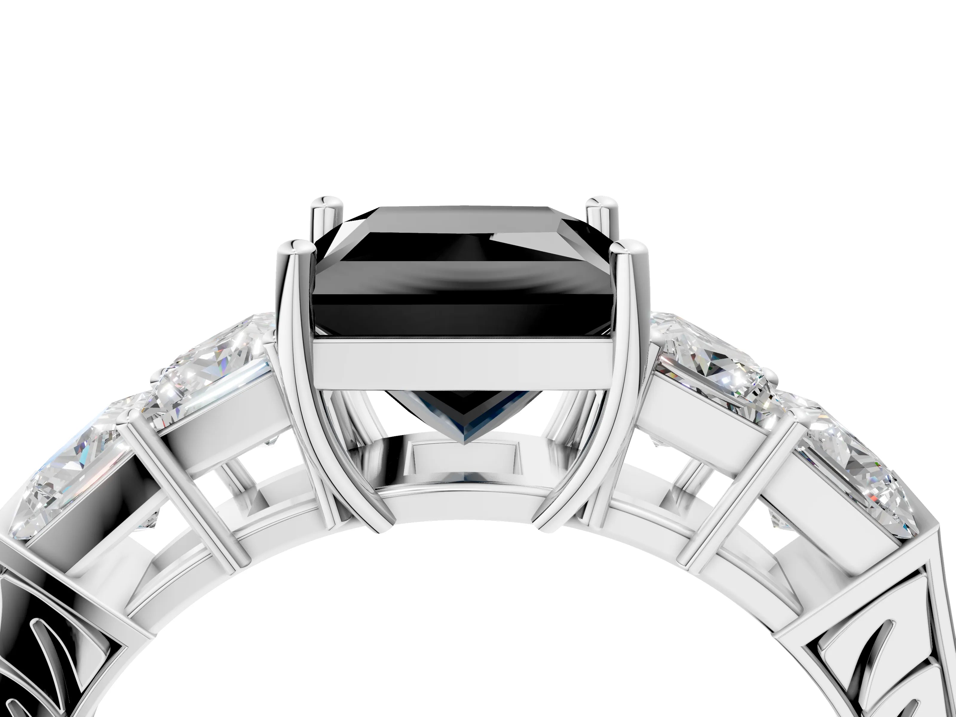White gold Fancy Black Princess Cut Solitaire Princess Side Stone Engraved Band Prong Setting Ring_16