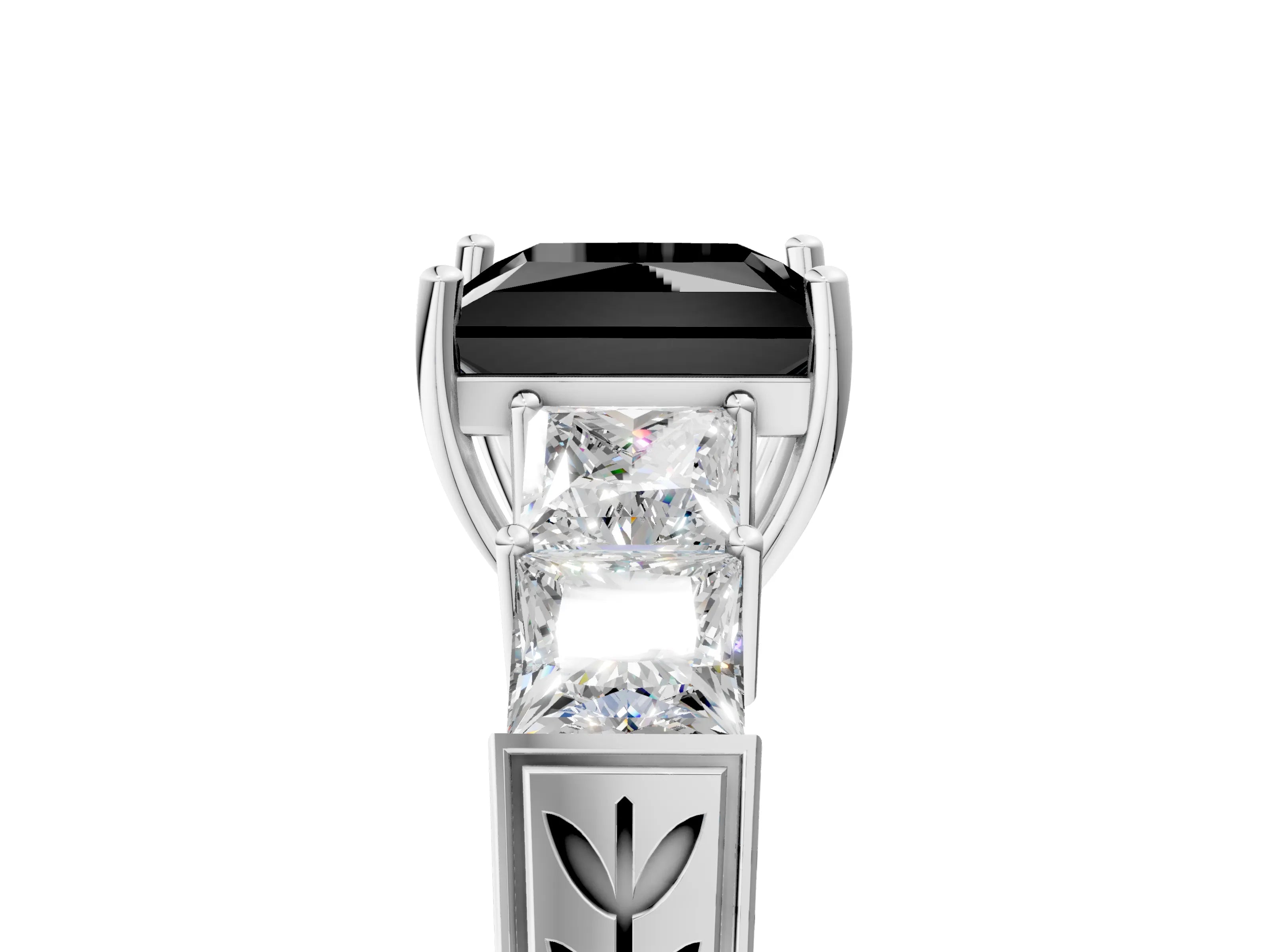 White gold Fancy Black Princess Cut Solitaire Princess Side Stone Engraved Band Prong Setting Ring_17