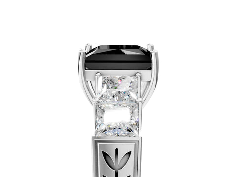 White gold Fancy Black Princess Cut Solitaire Princess Side Stone Engraved Band Prong Setting Ring_17