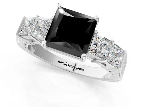 White gold Fancy Black Princess Cut Solitaire Princess Side Stone Engraved Band Prong Setting Ring_1
