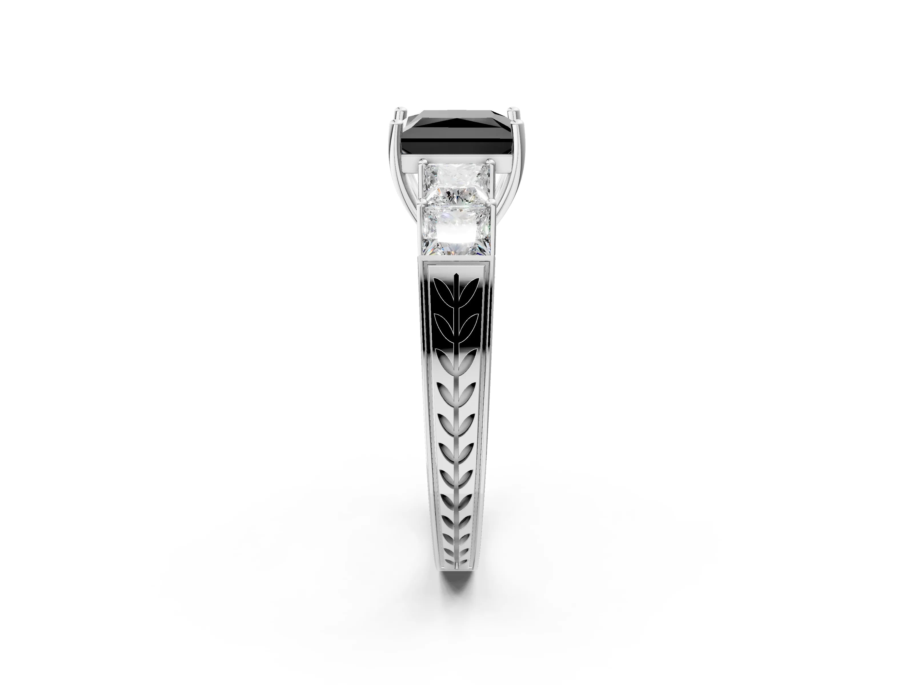 White gold Fancy Black Princess Cut Solitaire Princess Side Stone Engraved Band Prong Setting Ring_2