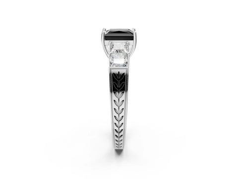 White gold Fancy Black Princess Cut Solitaire Princess Side Stone Engraved Band Prong Setting Ring_2