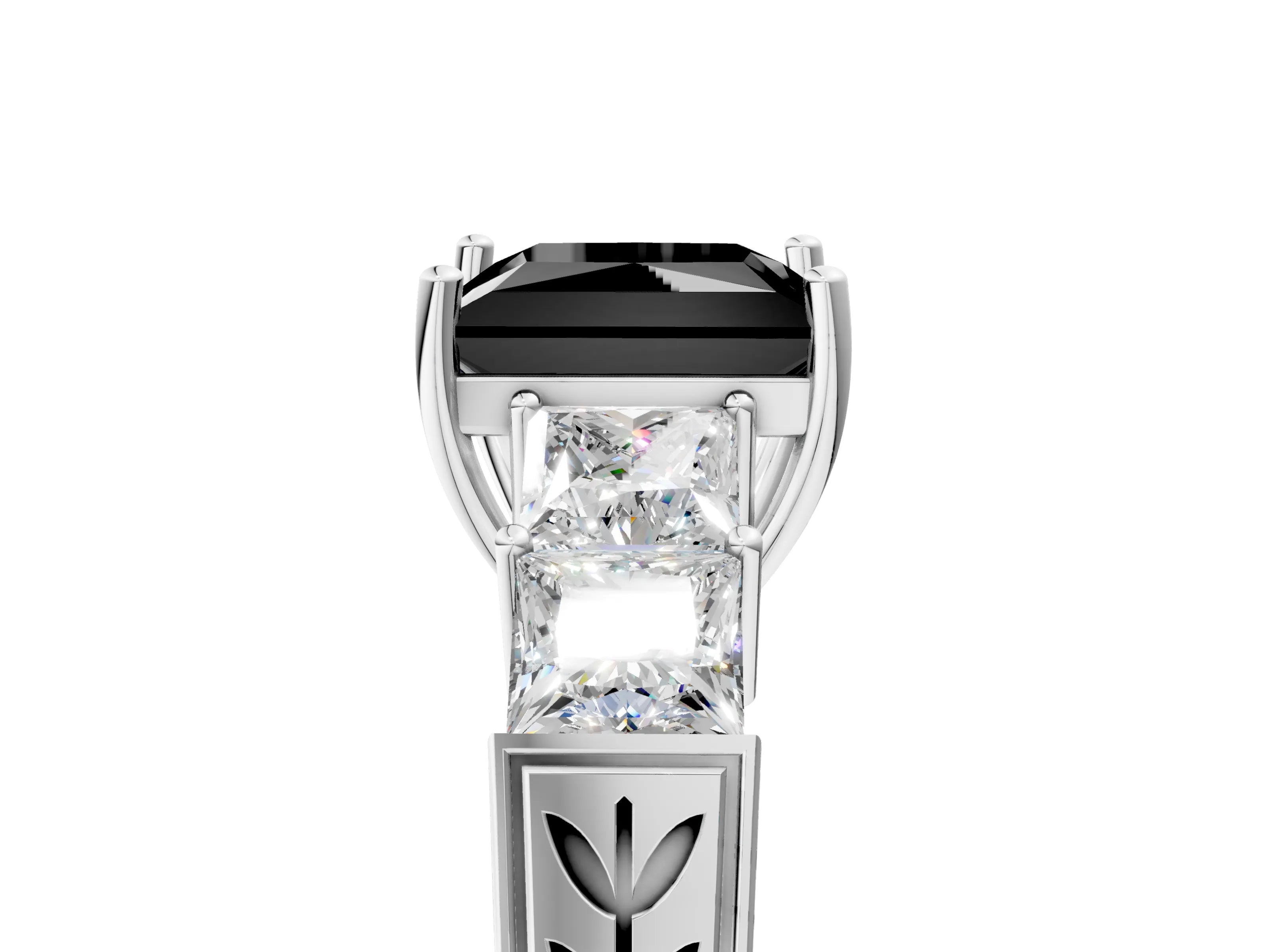 White gold Fancy Black Princess Cut Solitaire Princess Side Stone Engraved Band Prong Setting Ring_5