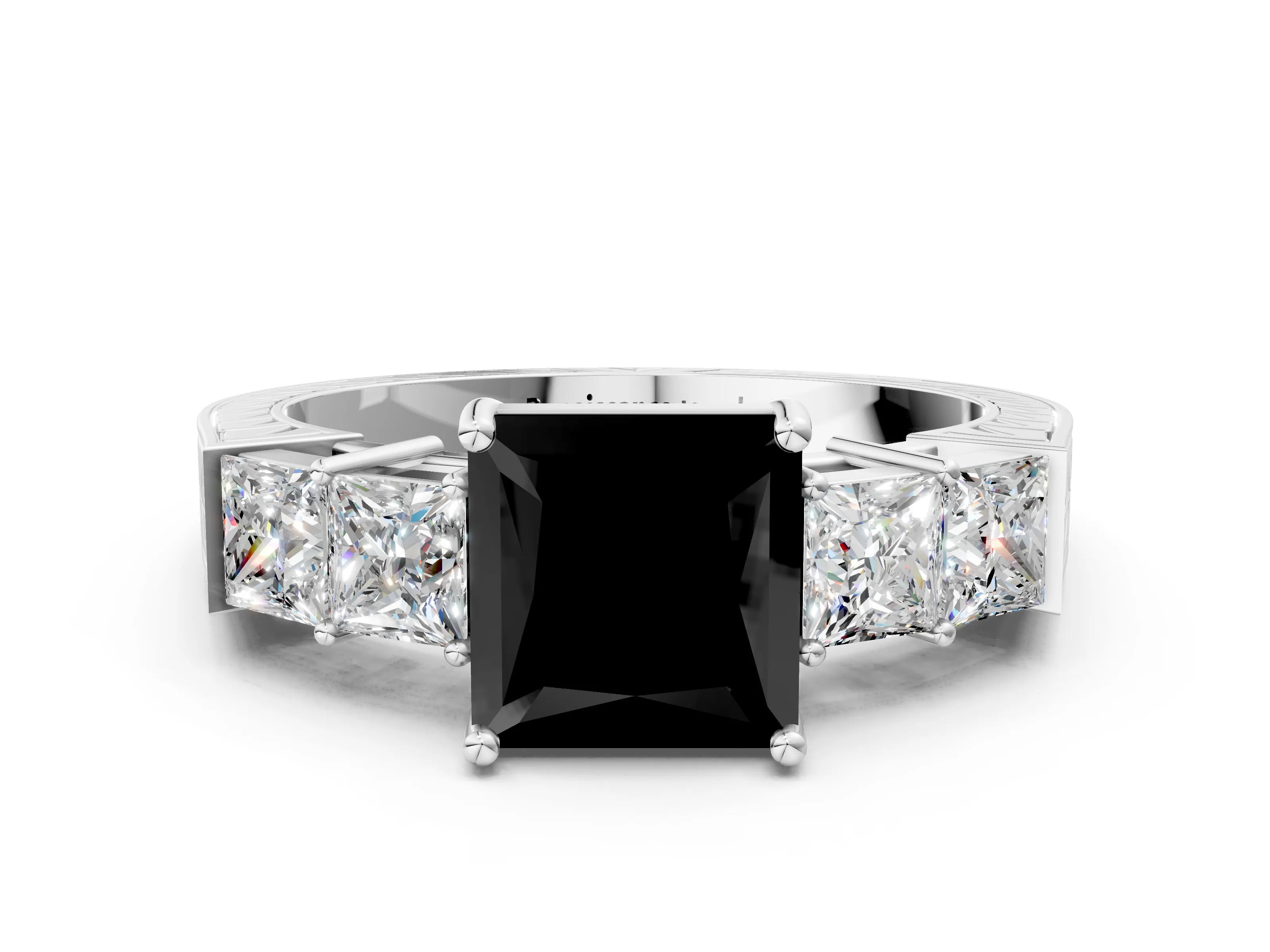 White gold Fancy Black Princess Cut Solitaire Princess Side Stone Engraved Band Prong Setting Ring