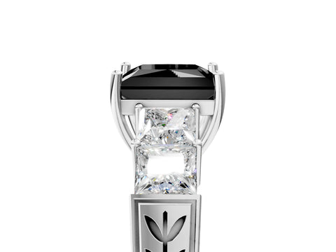 White gold Fancy Black Princess Cut Solitaire Princess Side Stone Engraved Band Prong Setting Ring_5