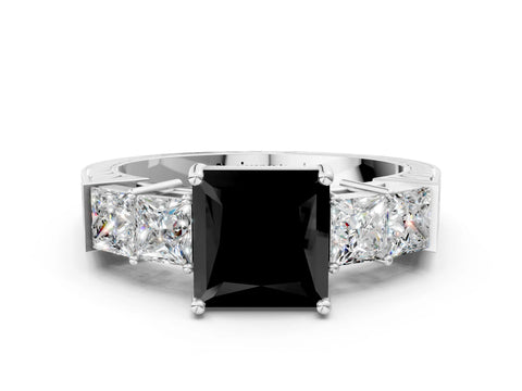 White gold Fancy Black Princess Cut Solitaire Princess Side Stone Engraved Band Prong Setting Ring