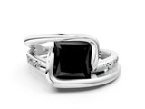 White gold Fancy Black Princess Cut Solitaire Tension-Set Diamond Split Shank Ring