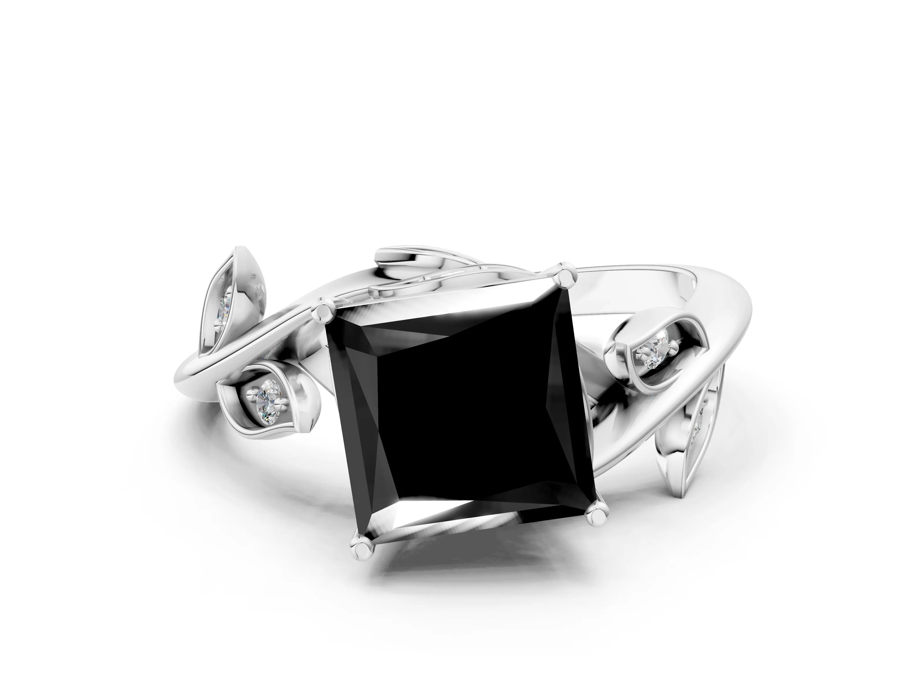 White gold Fancy Black Princess Cut Solitaire Twist Engagement Ring with Leaf Accents and Prong Setting_12
