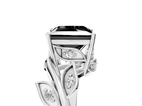 White gold Fancy Black Princess Cut Solitaire Twist Engagement Ring with Leaf Accents and Prong Setting_17