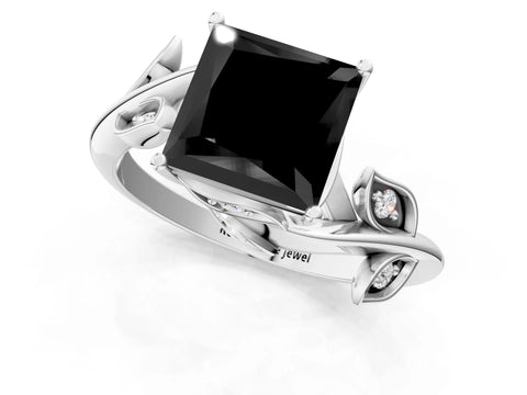 White gold Fancy Black Princess Cut Solitaire Twist Engagement Ring with Leaf Accents and Prong Setting_1