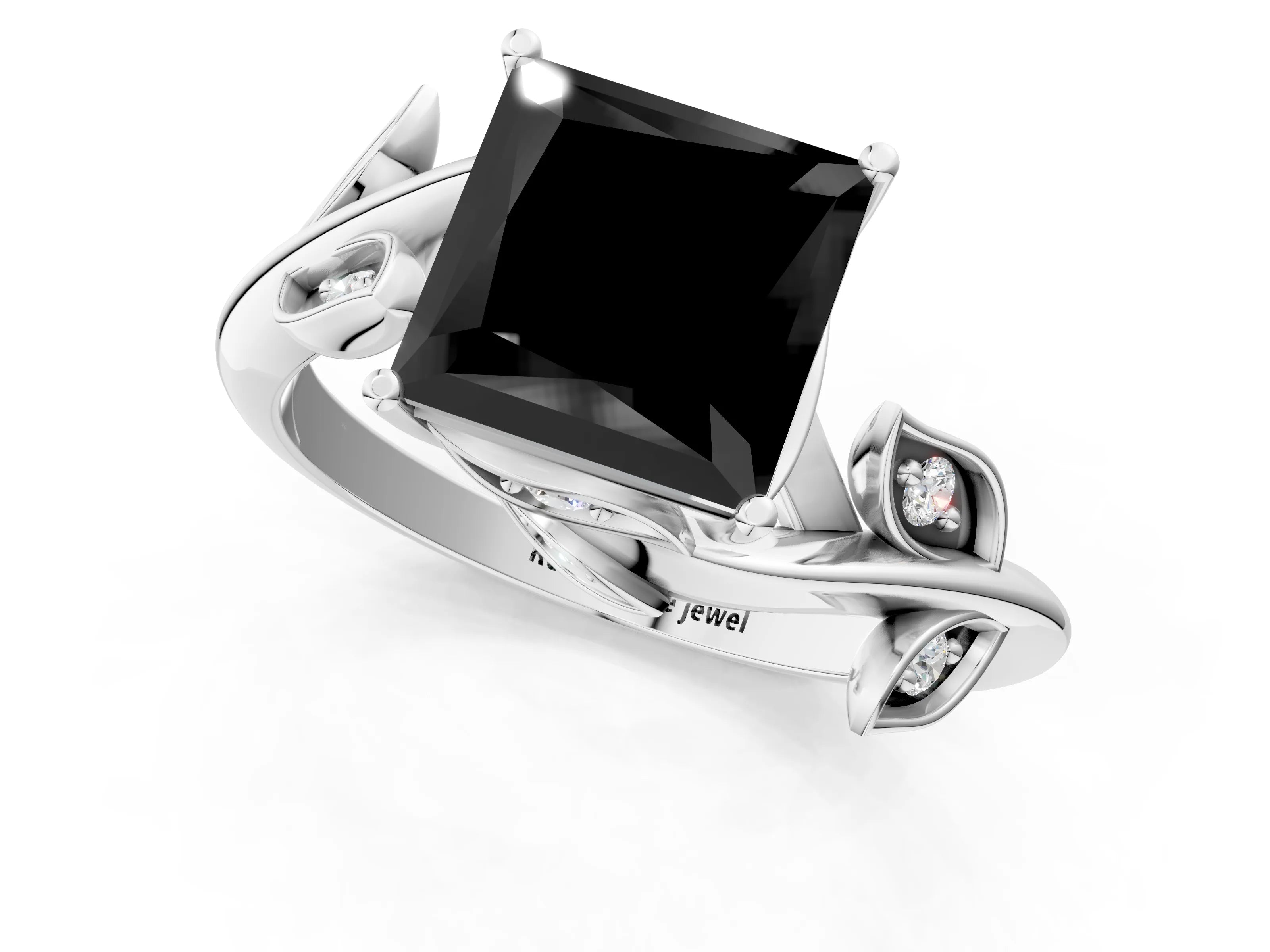 White gold Fancy Black Princess Cut Solitaire Twist Engagement Ring with Leaf Accents and Prong Setting_1