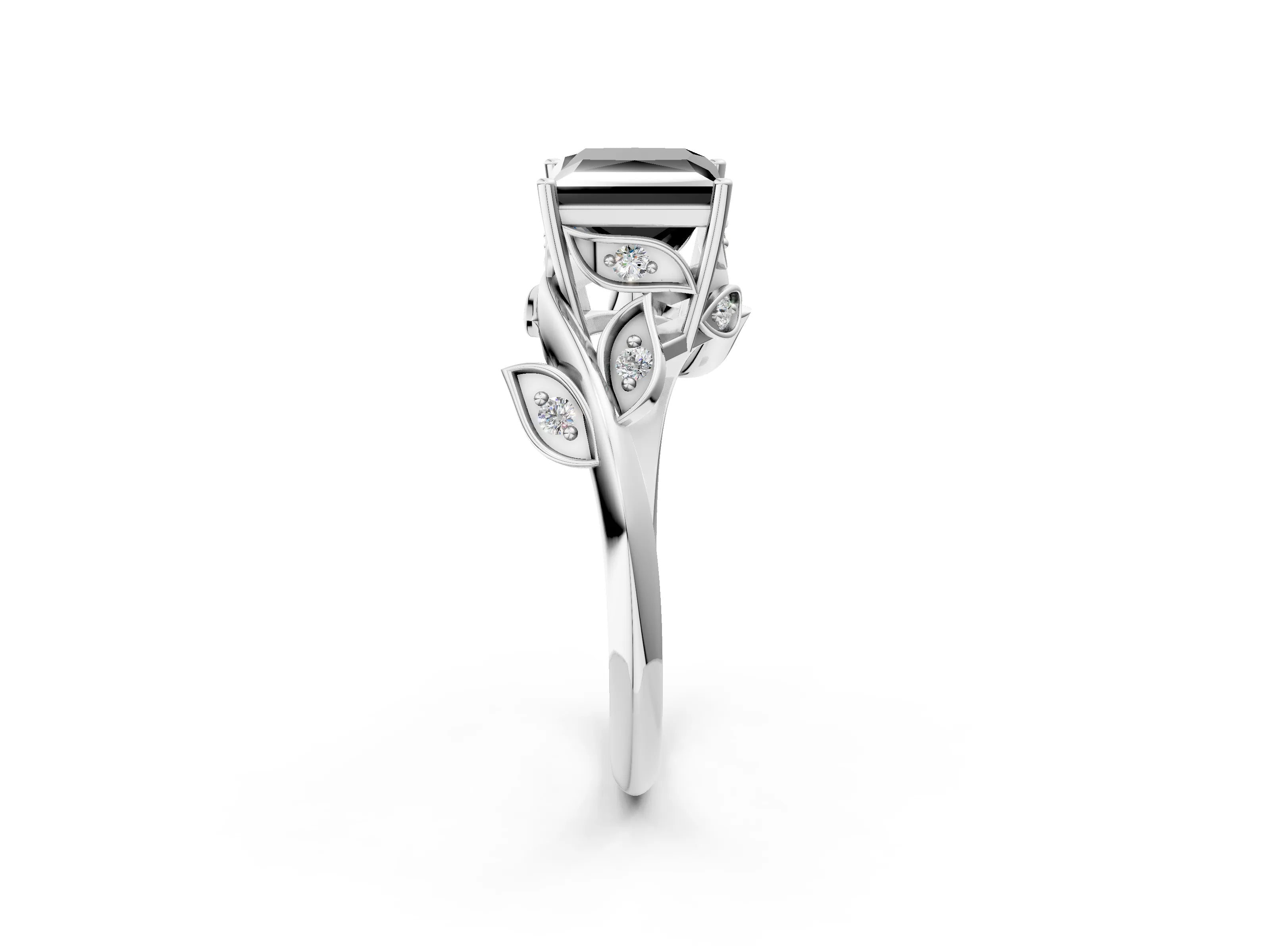 White gold Fancy Black Princess Cut Solitaire Twist Engagement Ring with Leaf Accents and Prong Setting_2