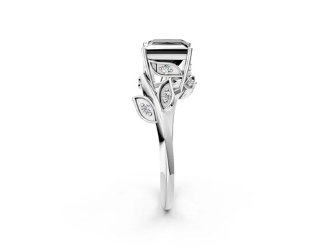 White gold Fancy Black Princess Cut Solitaire Twist Engagement Ring with Leaf Accents and Prong Setting_2