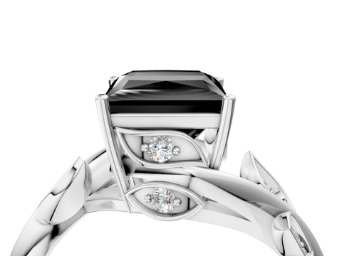 White gold Fancy Black Princess Cut Solitaire Twist Engagement Ring with Leaf Accents and Prong Setting_4