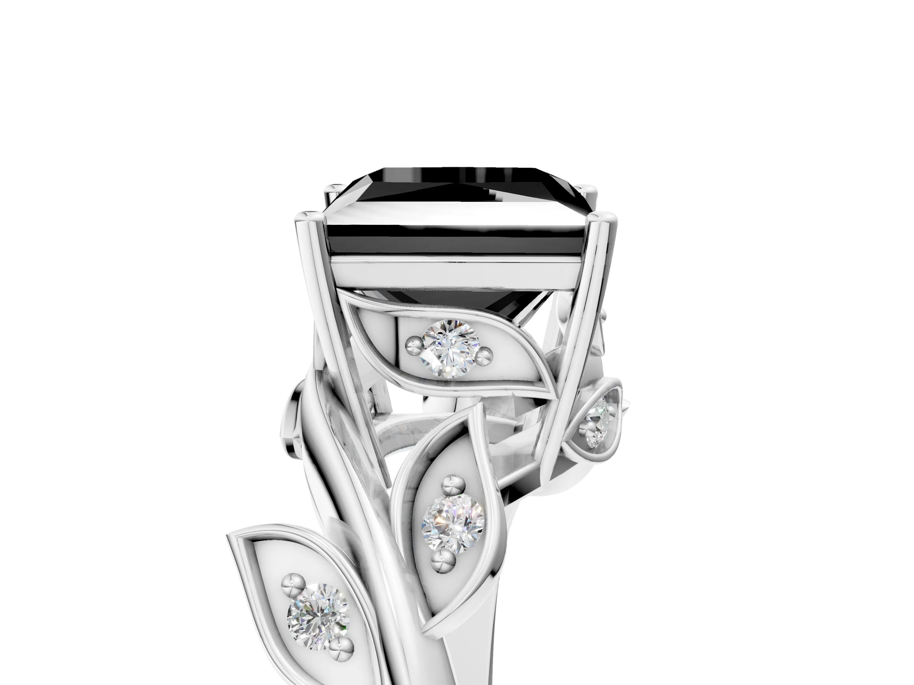 White gold Fancy Black Princess Cut Solitaire Twist Engagement Ring with Leaf Accents and Prong Setting_5