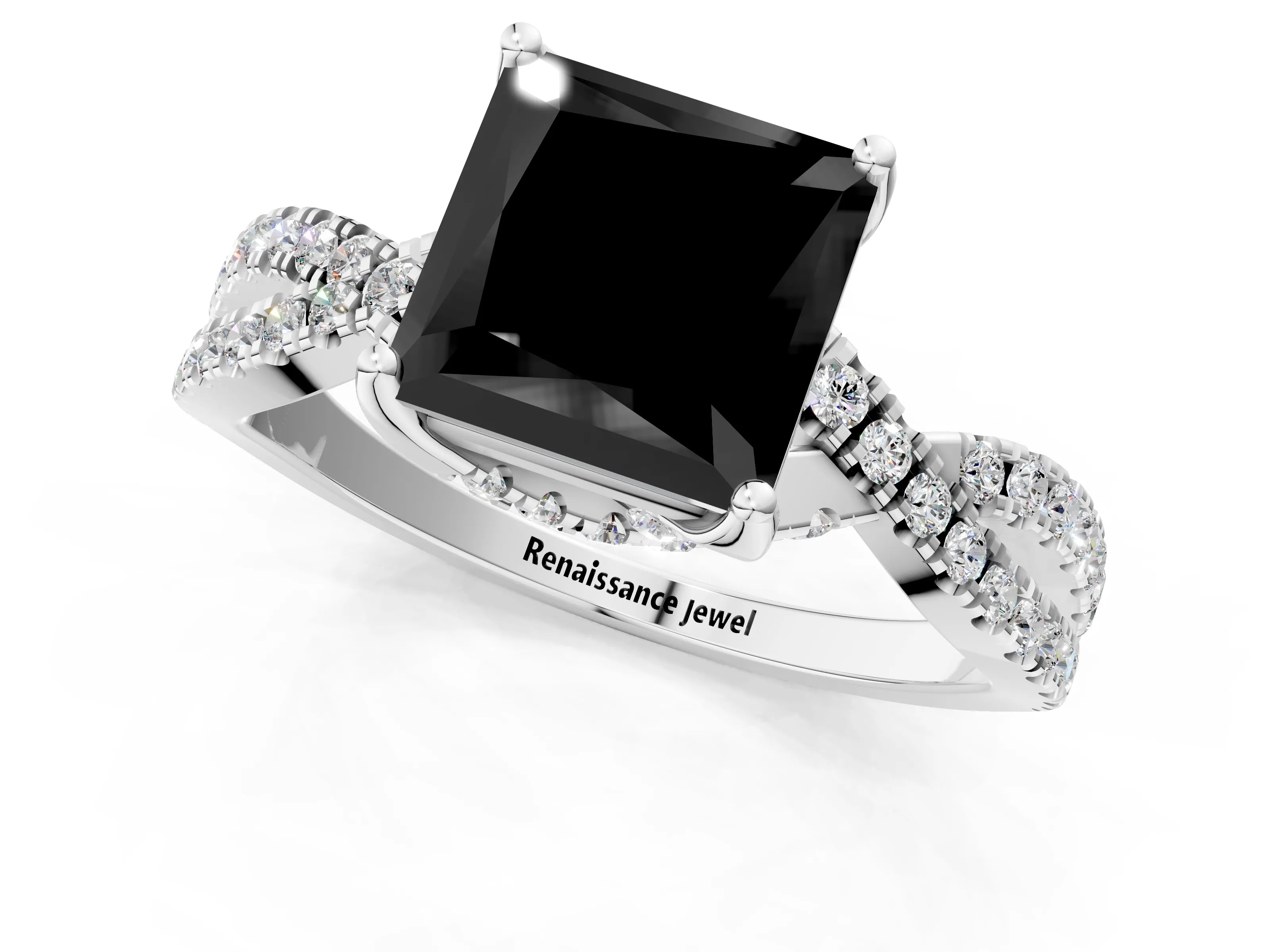 White gold Fancy Black Princess Cut Solitaire Twist Pave Diamond Engagement Ring with Prong Setting_1