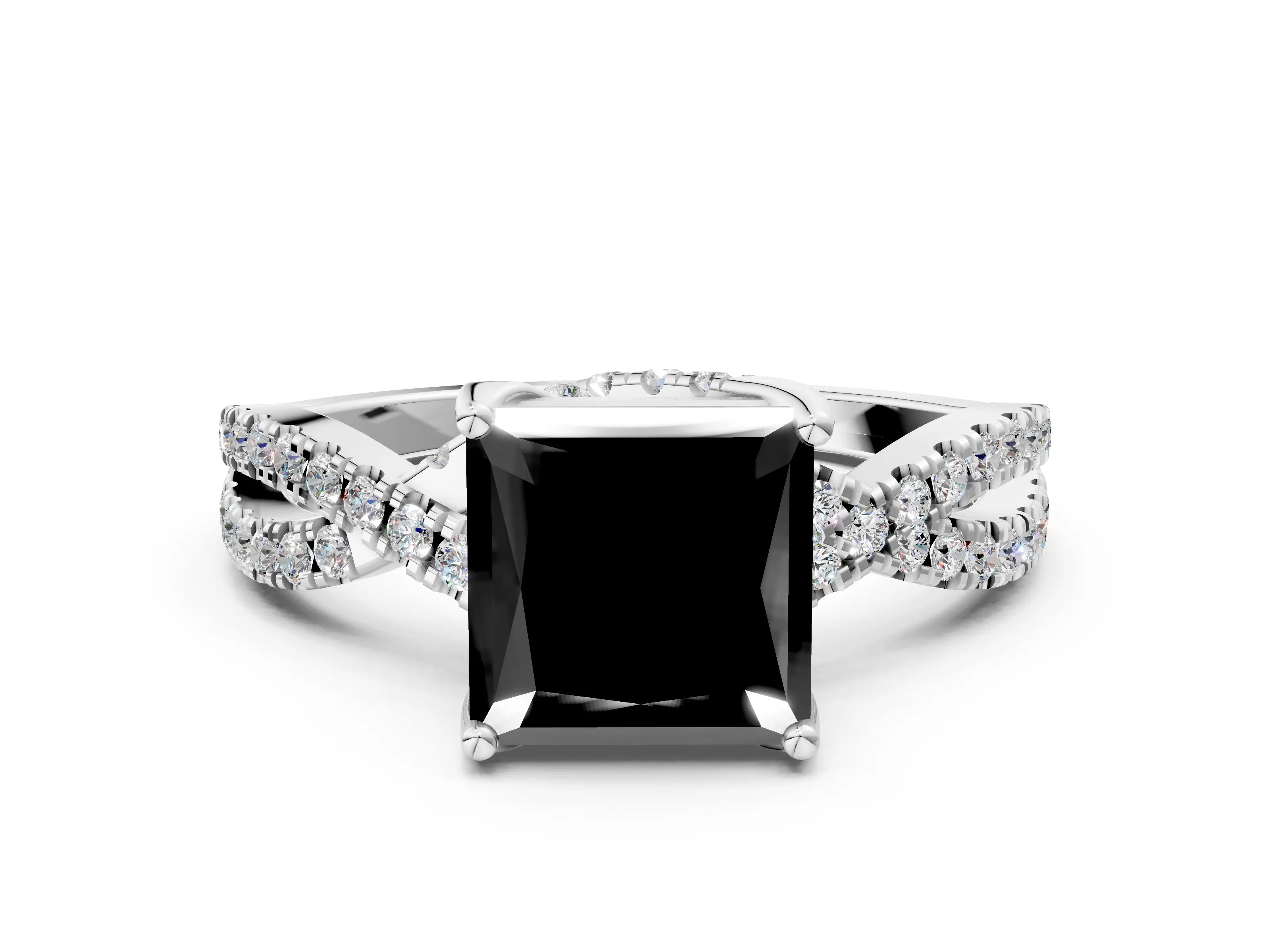 White gold Fancy Black Princess Cut Solitaire Twist Pave Diamond Engagement Ring with Prong Setting_12