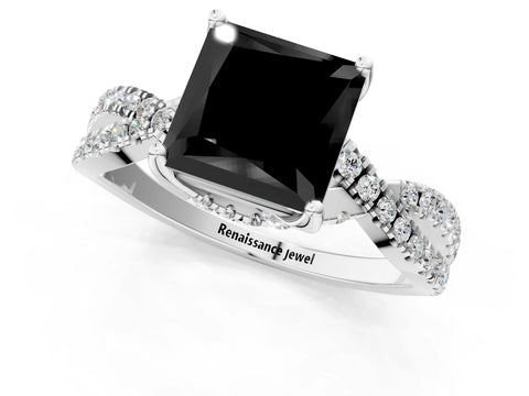 White gold Fancy Black Princess Cut Solitaire Twist Pave Diamond Engagement Ring with Prong Setting_13