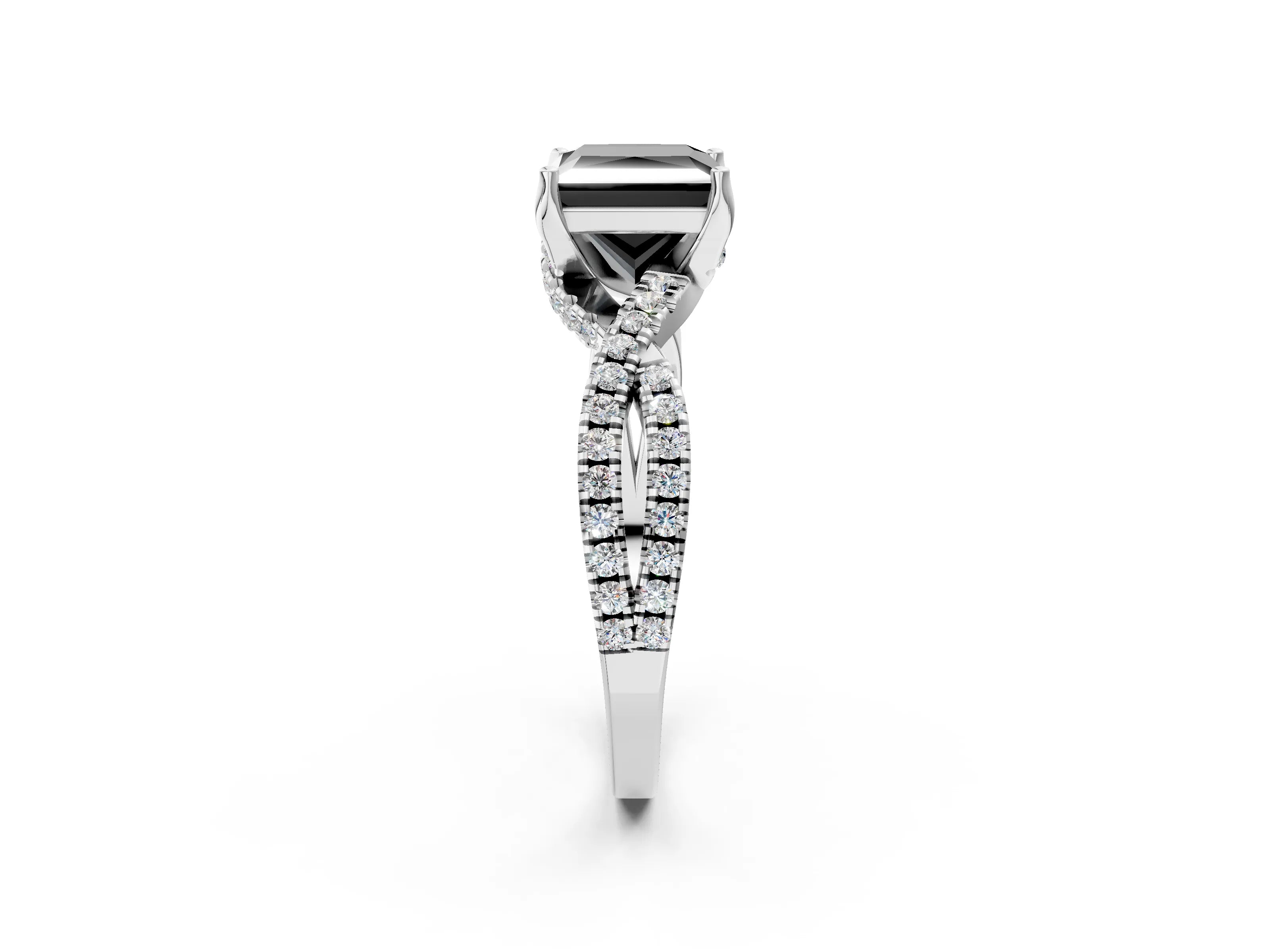 White gold Fancy Black Princess Cut Solitaire Twist Pave Diamond Engagement Ring with Prong Setting_14
