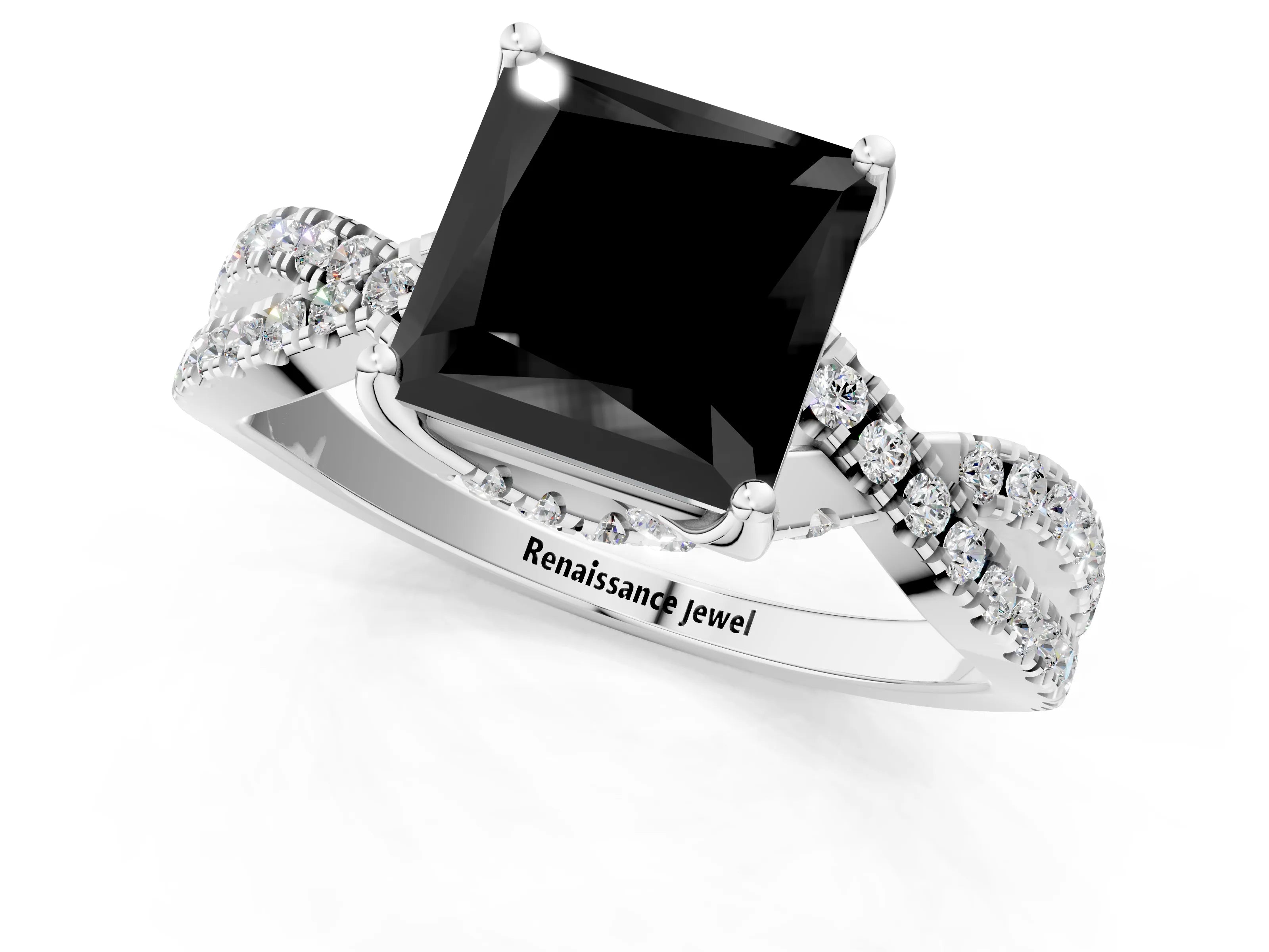 White gold Fancy Black Princess Cut Solitaire Twist Pave Diamond Engagement Ring with Prong Setting_19