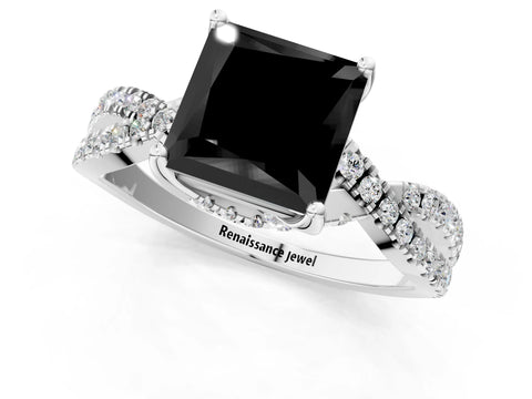White gold Fancy Black Princess Cut Solitaire Twist Pave Diamond Engagement Ring with Prong Setting_19