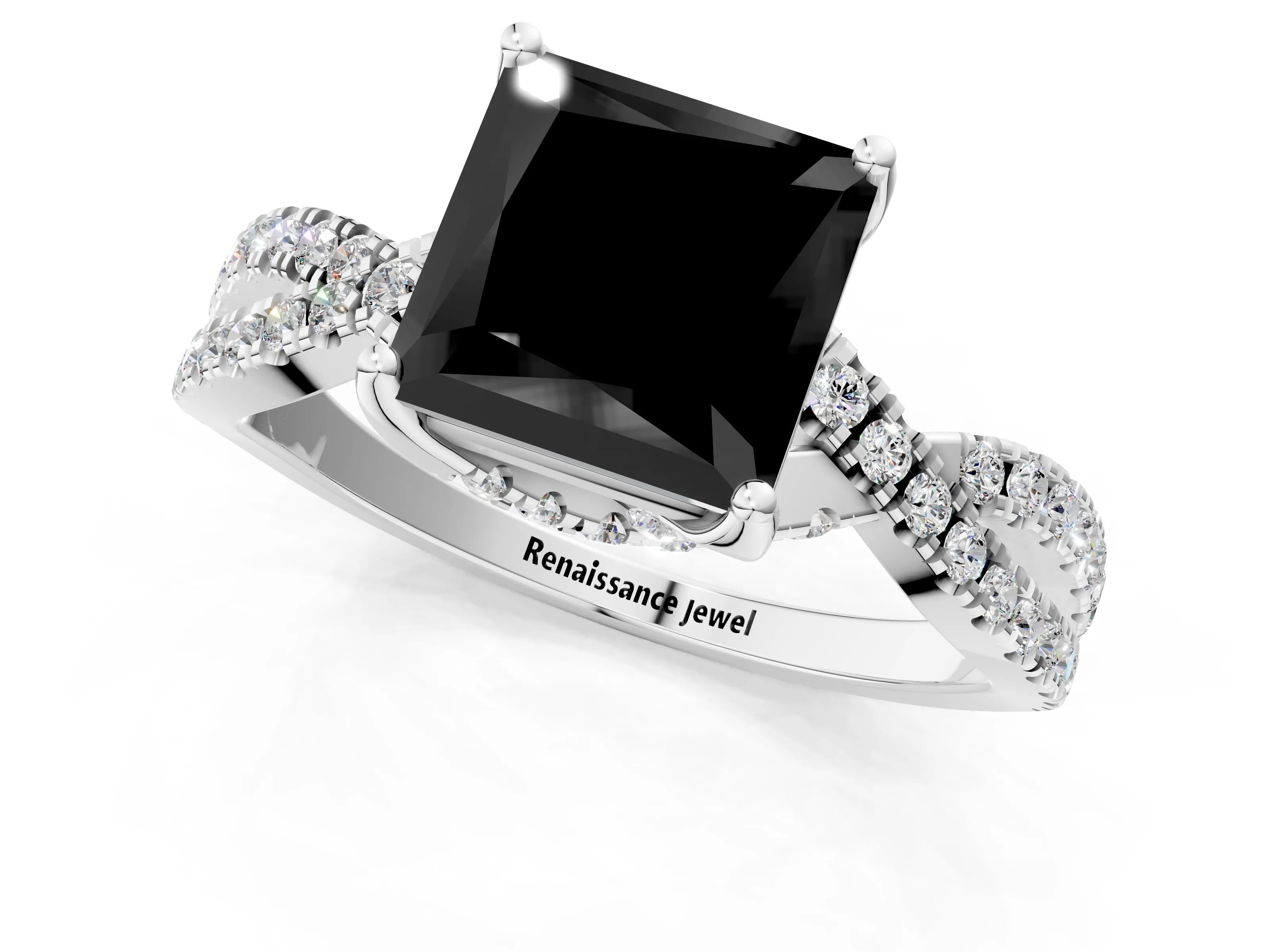 White gold Fancy Black Princess Cut Solitaire Twist Pave Diamond Engagement Ring with Prong Setting_1